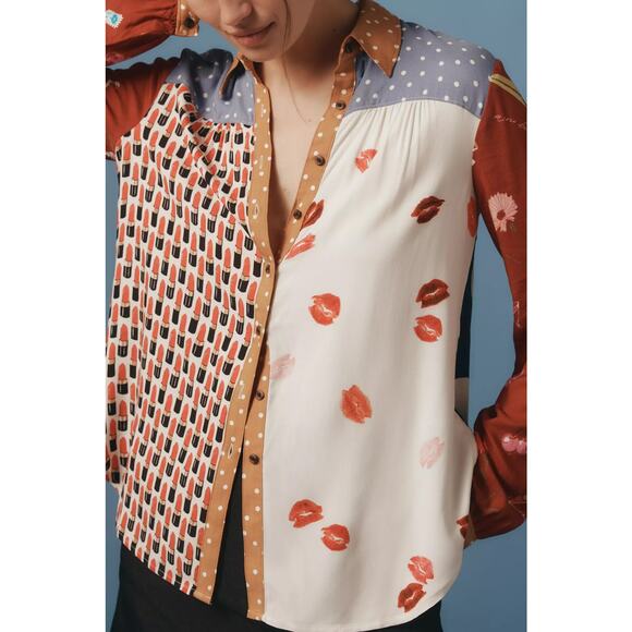 nwt ANTHROPOLOGIE MAEVE sz XL The Paz Buttondown in Lipstick and dotsMotif - Picture 3 of 5